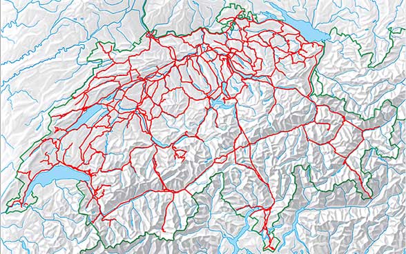 Schweizerkarte mit Schienennetz in rot