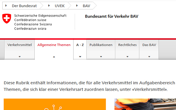 Printscreen BAV-Homepage mit der neuen Rubrik «Allgemeine Themen»