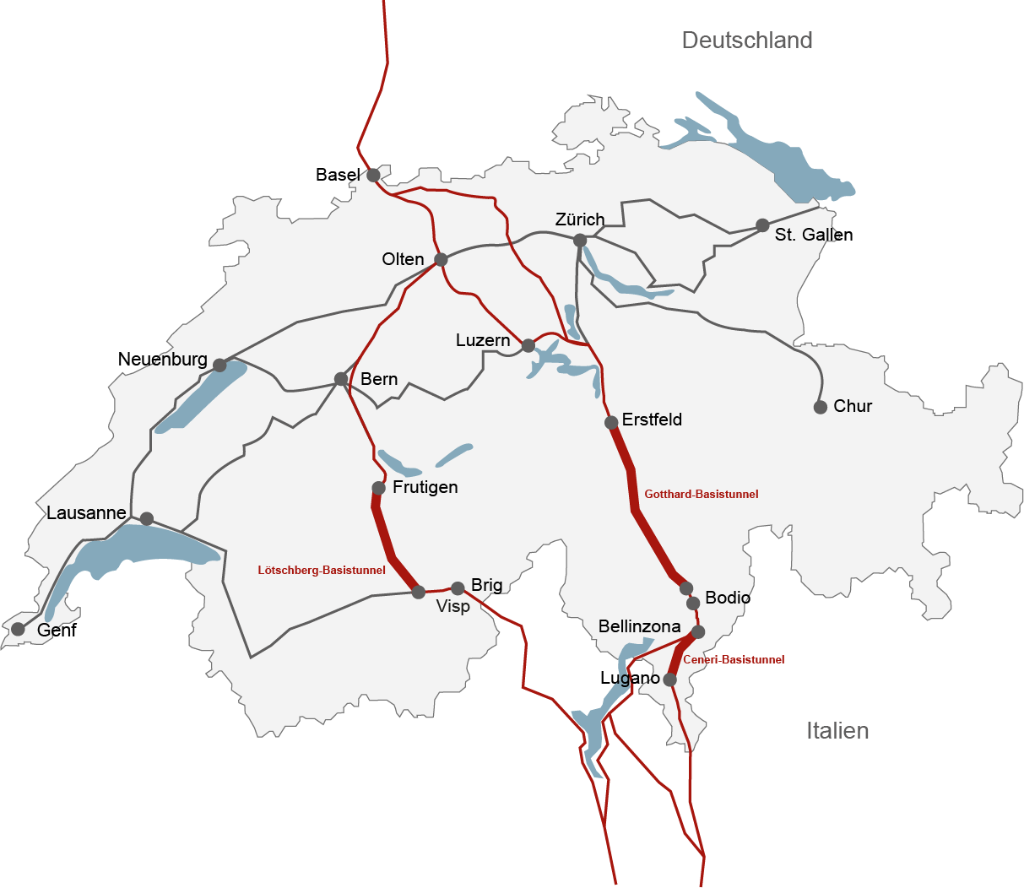 Auf der Schweizerkarte sind auf den Achsen zwischen Basel und Brig bzw. dem Tessin die drei Basistunnel Lötschberg, Gotthard und Ceneri eingezeichnet.