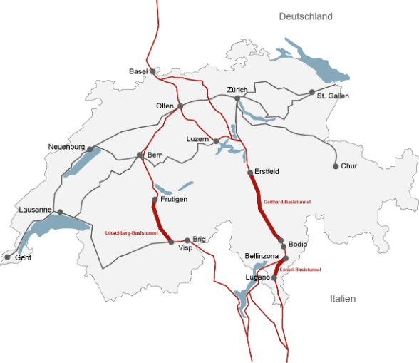 Auf der Schweizerkarte sind auf den Achsen zwischen Basel und Brig bzw. dem Tessin die drei Basistunnel Lötschberg, Gotthard und Ceneri eingezeichnet.