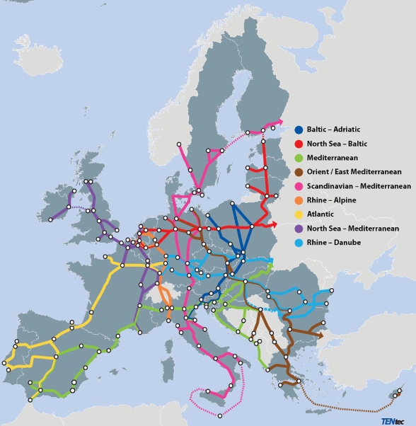 Auf einer Europakarte sind die Güterverkehrskorridore mit farbigen Linien eingezeichnet.