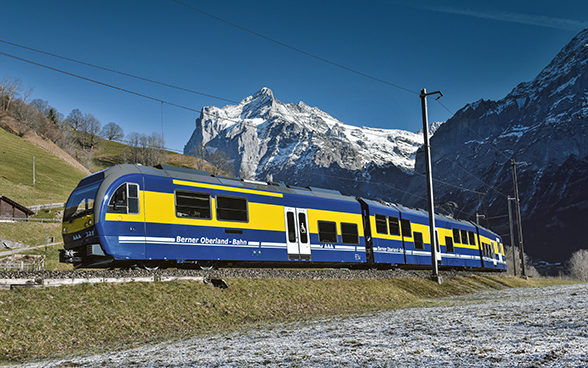 Ein blau-gelber Zug der Berner Oberland-Bahn fährt im Vordergrund des Berges Wetterhorn vorbei