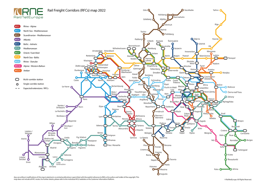 A map of Europe showing the rail freight corridors in different colours.