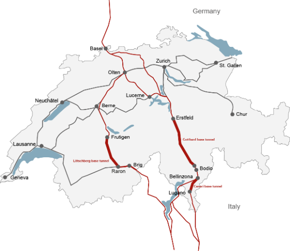 The Lötschberg, Gotthard and Ceneri base tunnels with their routes running between Basel and Brig, and Basel and Ticino can be seen on the map of Switzerland.