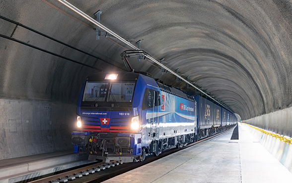 The first freight train of SBB Cargo International train passes the Ceneri Base Tunnel.