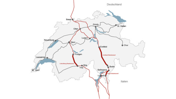 The Lötschberg, Gotthard and Ceneri base tunnels with their routes running between Basel and Brig, and Basel and Ticino can be seen on the map of Switzerland.