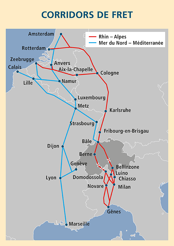 Carte de l’Europe indiquant chaque corridor de fret par une ligne de couleur différente.