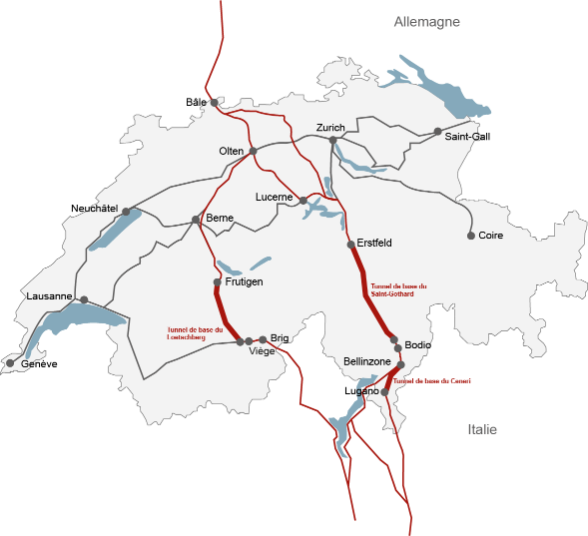 Sur la carte de Suisse, les trois tunnels de base du Loetschberg, du St-Gothard et du Ceneri sont affichés sur les axes entre Bâle et Brigue / le Tessin.