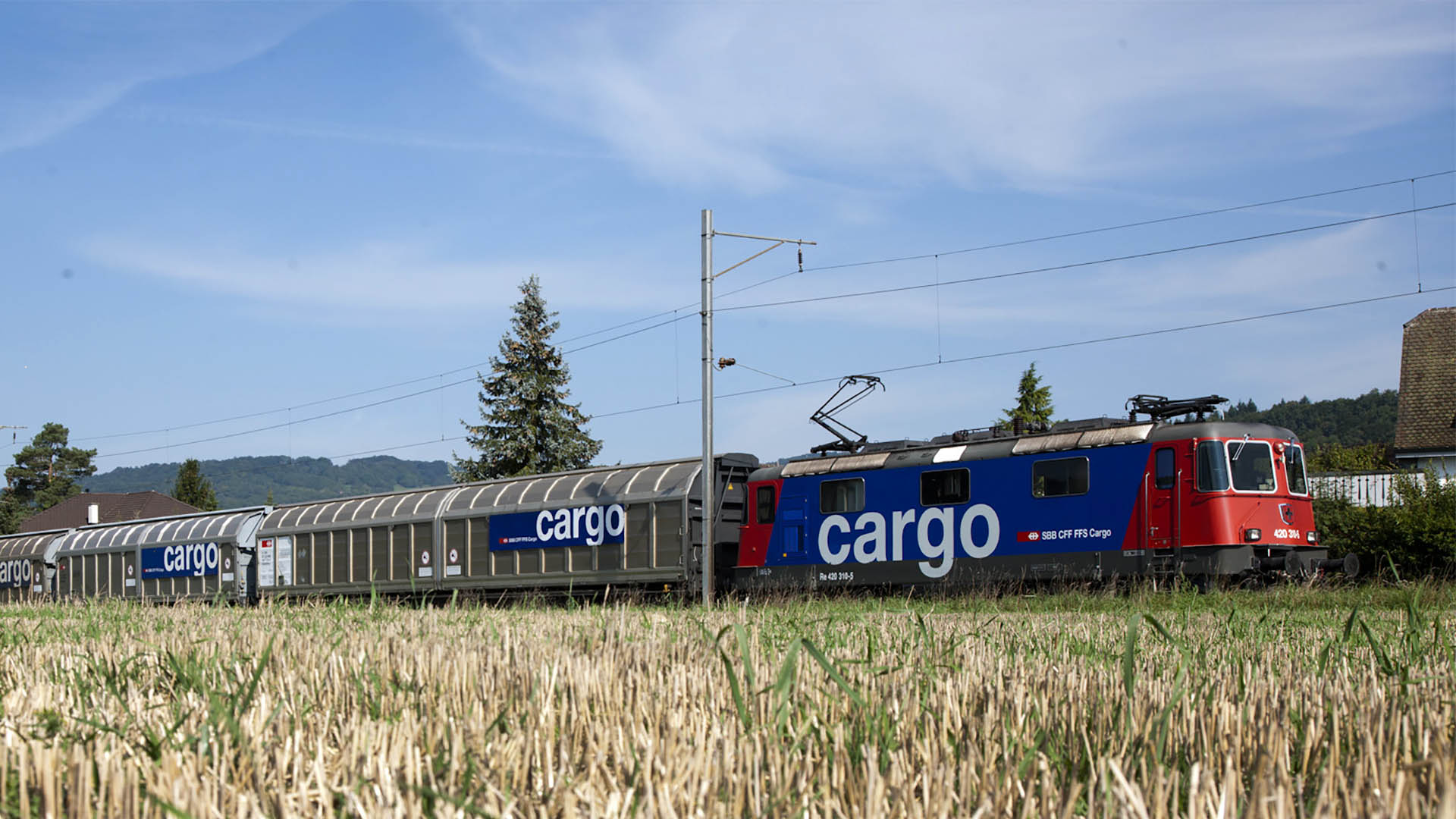 Ein SBB Cargo Güterzug fährt an einem Feld vorbei