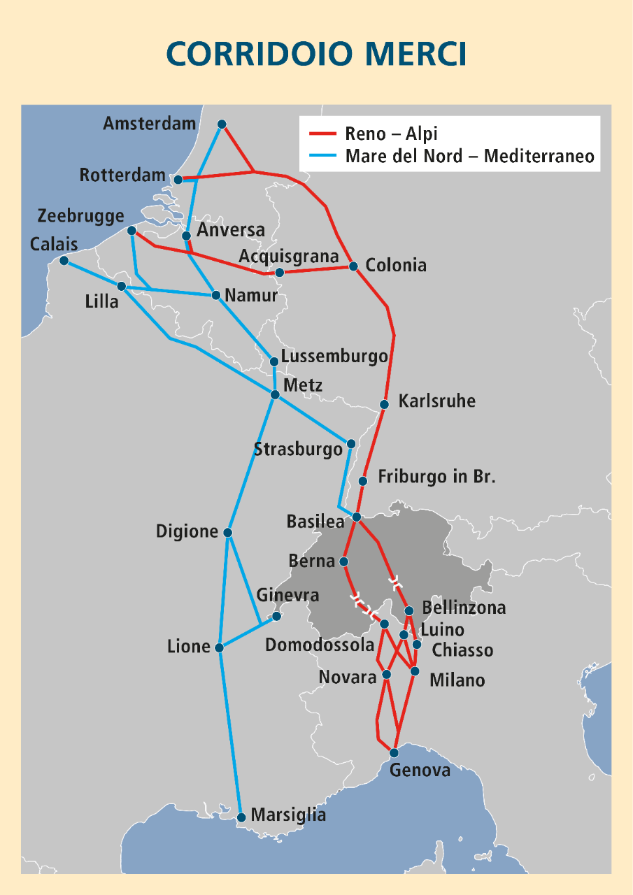 Carta dell’Europa con linee a colori che indicano i corridoi per il traffico merci.