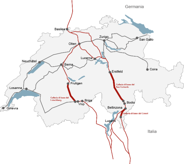 Sulla carta della Svizzera sono indicate, rispettivamente sull’asse Basilea–Briga e su quello che attraversa il Ticino, le tre gallerie di base del Lötschberg, del San Gottardo e del Ceneri.