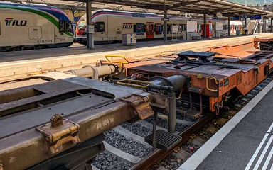 Stazione di Bellinzona: in primo piano un treno merci, dietro, su un altro binario, un regionale Tilo 