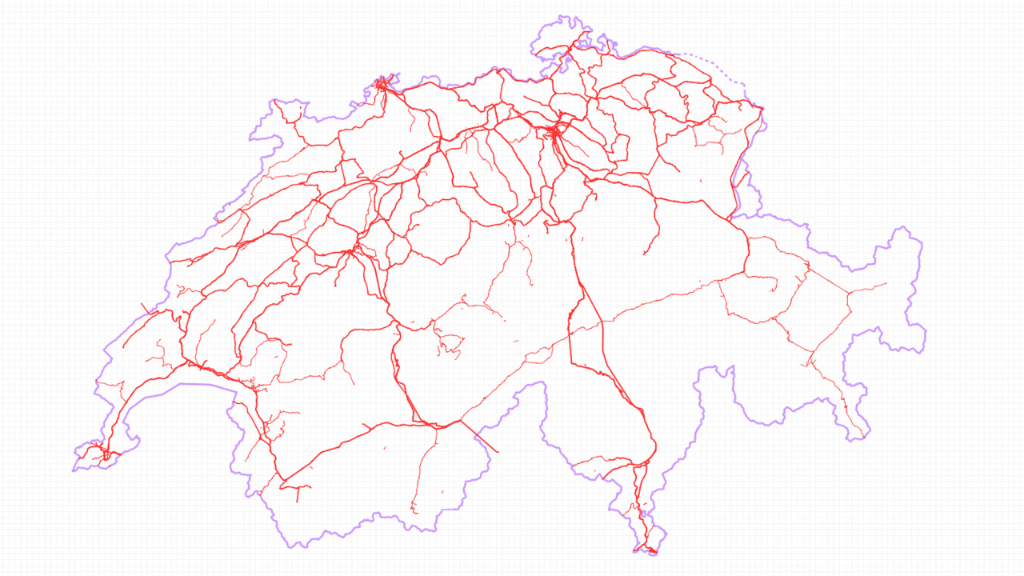 Mappa della Svizzera con la rete ferroviaria in rosso